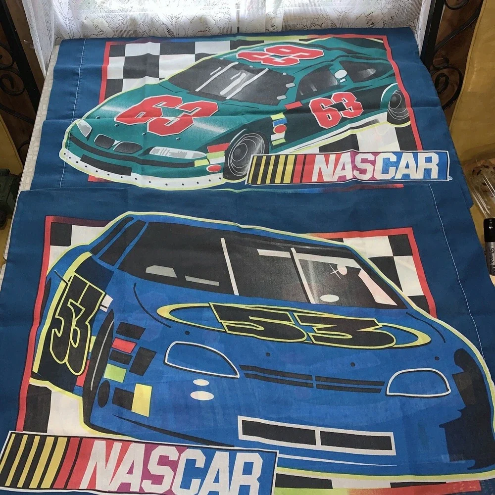 Set of‎ 2 Vintage NASCAR 53 63 Race Cars Novelty Pillow Cases {Fabric} Pair